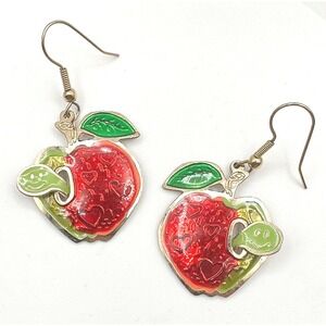 Vintage 80s Fun Red Apple Dangle Earrings Green Leaf &‎ Worm Accent Jewelry